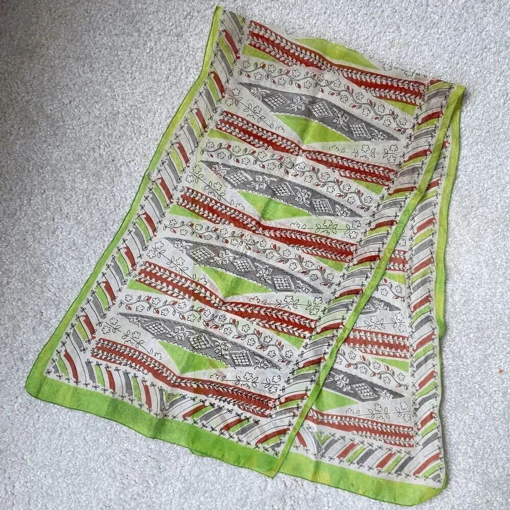 VTG 60s 70s Sheer Floral Geographic Nature Printed Oblong Scarf